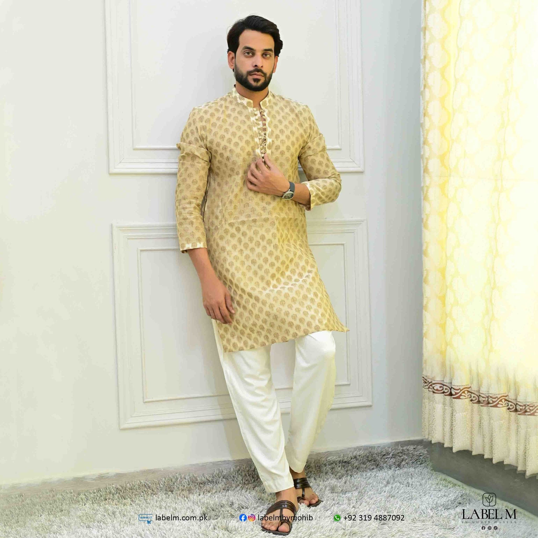 Light Fawn Stepler Cotton Self Print Kurta