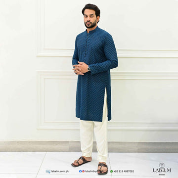 Teal Blue Net Embroidered Kurta