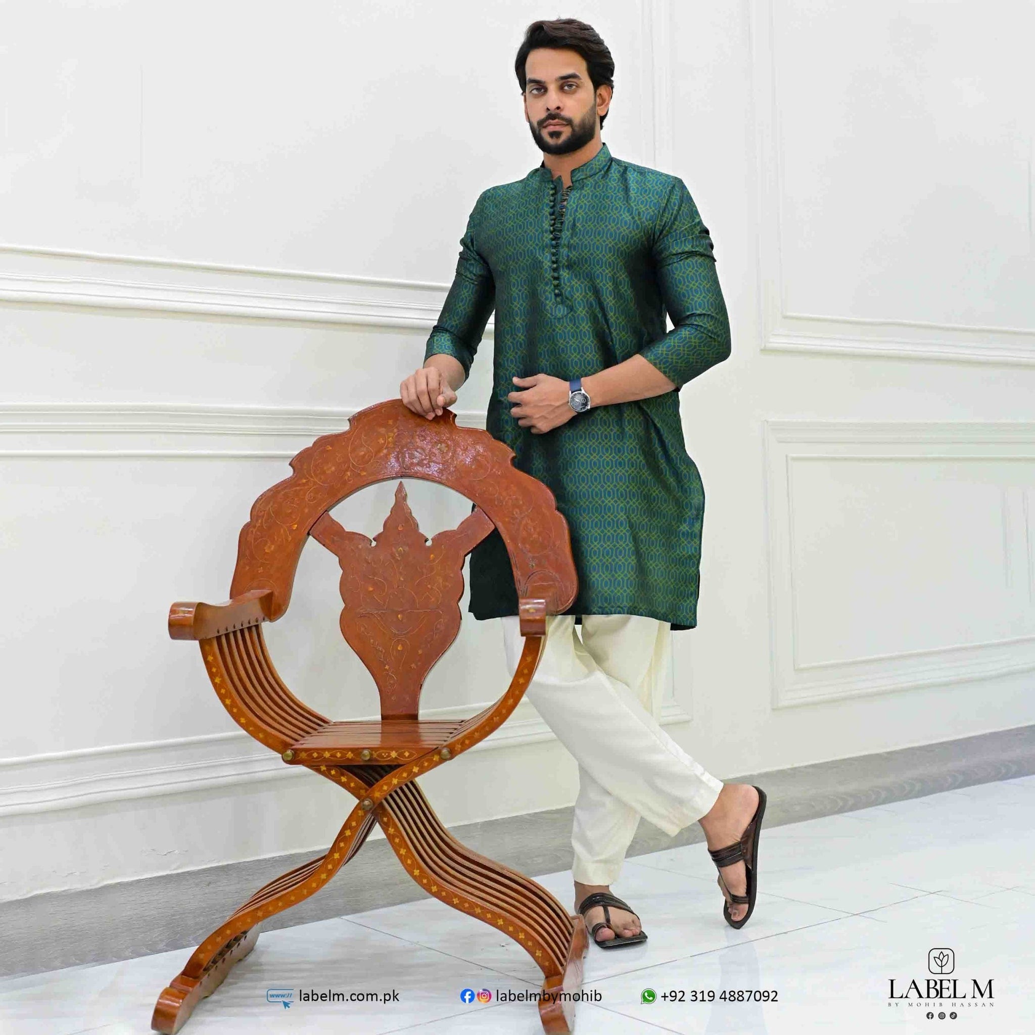 Green Jamawar Self Print Kurta